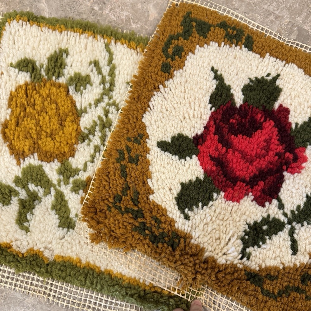 Vintage Latch Hook Rose Flower Wall Art Pillow Handmade 70s Retro Boho Cottage